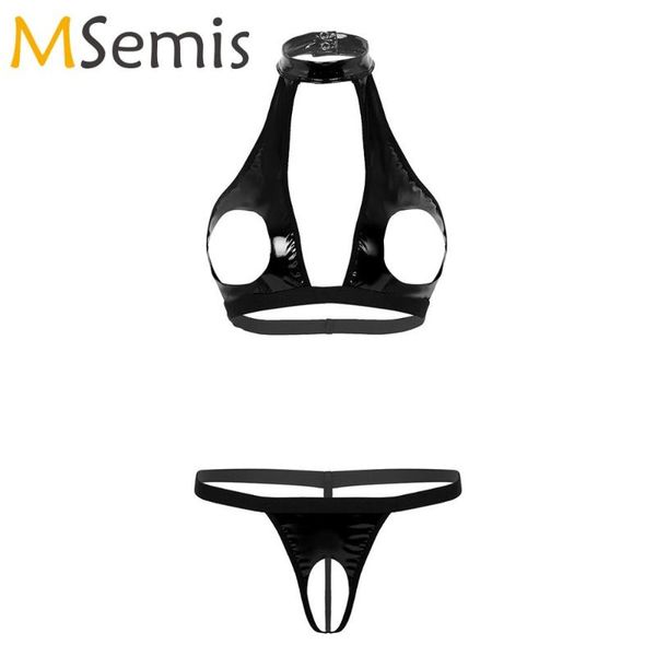 

women erotic faux leather lingerie porno nightwear wet look micro bikini set open cup bra with crotchless string briefs, Red;black