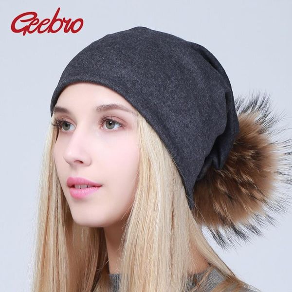 

geebro women's beanie hat with pompom spring cotton beanies hats with raccoon fur pompon skullies balaclava caps for girls js294, Blue;gray
