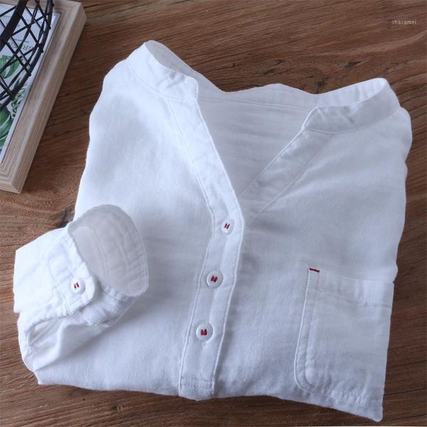 

simple v-neck long-sleeved shirt casual small fresh literary cotton shirt qr-d02-66c1, White