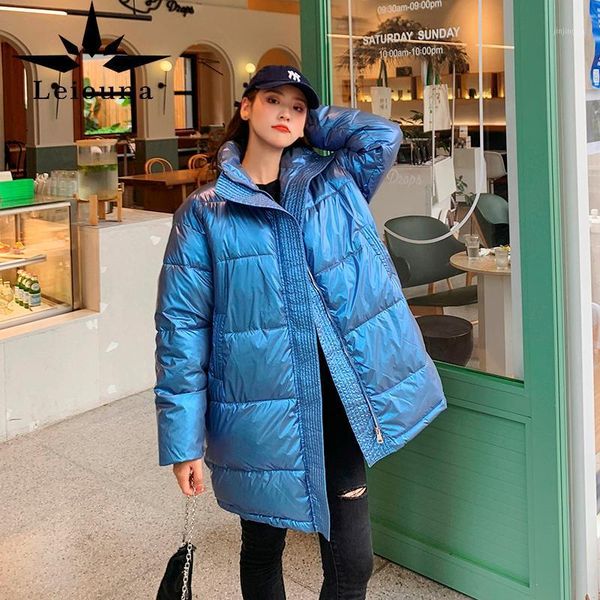 

leiouna long solid casual 2020 fashion new women's glossy parka oversize coat new winter jacket women stand collar parka female1, Black