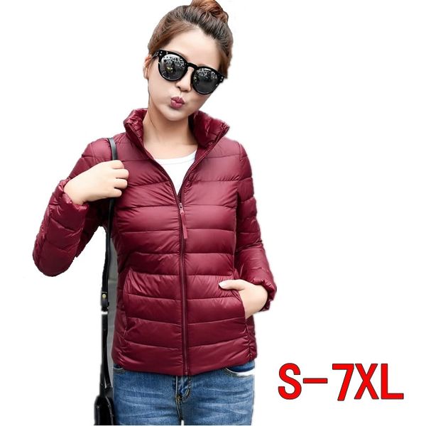 

2020 winter new women's lightweight portable candy color short stand-up collar horizontal down jacket women 7xl, Black