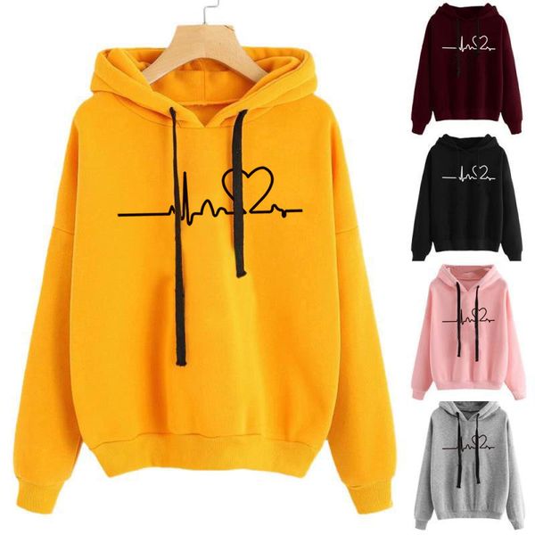 

new women sweatshirt hoody ladies hooded heartbeat printed casual pullovers girls long sleeve autumn winter clothes plus size q0105, Black