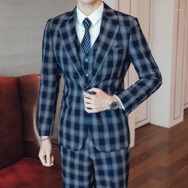 

new 110kg big size blue retro elegant plaid classic marriage suits for boyfriend 3-piece mens prom vintage check business suits1, White;black