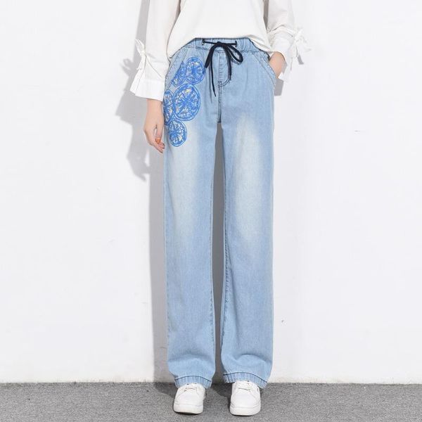 

women's spring-summer 2020 new high waist wide leg jeans elastic waist thin pants large size student pants1, Blue