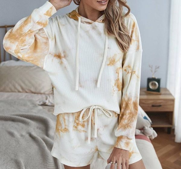 

nibesser women set home tie dye print long sleeve hoodies shorts autumn outfits casual sweatshirt suits loose two piece sets, Gray