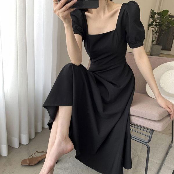 

cez5o korean south korea skirt skirt knee dress women style summer dress black temperament square collar knee length hepburn 2020 small blac, Black;gray