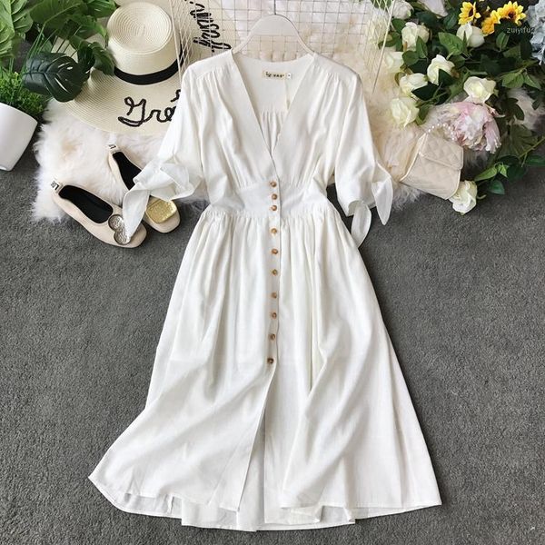 

2019 new fashion women's dresses vintage half sleeve length summer dress white linen v-neck holiday1, Black;gray