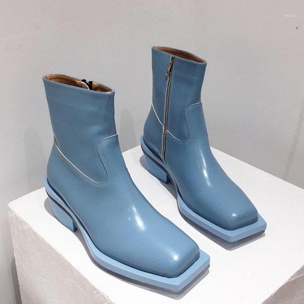 

winter 2020 luxury women blue low heels leatehr combat short boots square toe chunky high heels boots ankle shoes1, Black