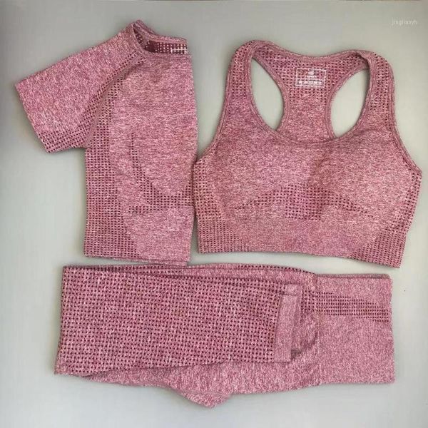 

yoga outfits 3pcs seamless set women fitness gym clothing quick dry high waist leggings +sport bra+ short sleeve sportswear sui1, White;red