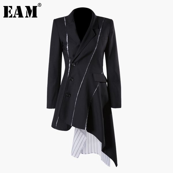 

[eam] 2020 new autumn winter lapel long sleeve black striped irregular button split joint loose jacket women coat fashion jq681 y200101, Black;brown