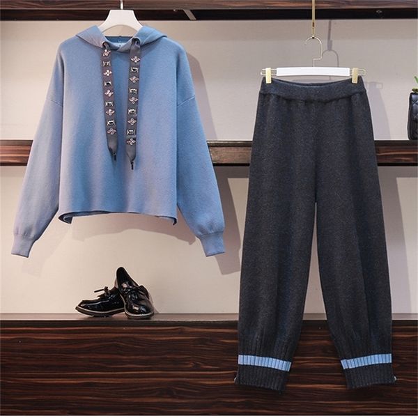 

chic tracksuit women's casual sweatshirt suit fall winter beaded hooded and knitted pants two piece leisure set y201128, White