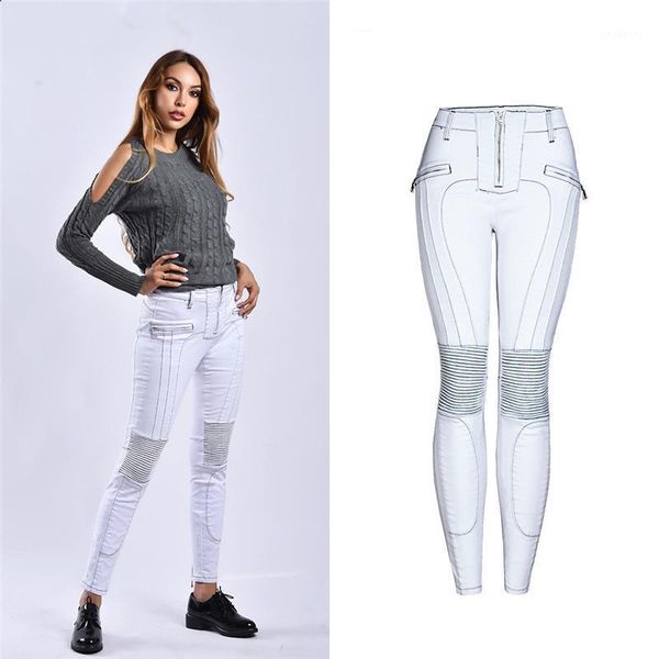 

aphrodite home women jeans splice zipper skinny locomotive cool pencil pants elastic washed jeans female white denim trousers1, Blue