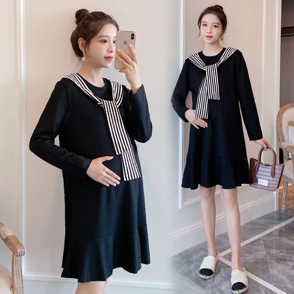 

2020 autumn korean fashion maternity dress sweet lovely straight loose clothes for pregnant women elegant pregnancy dress lj201123, White