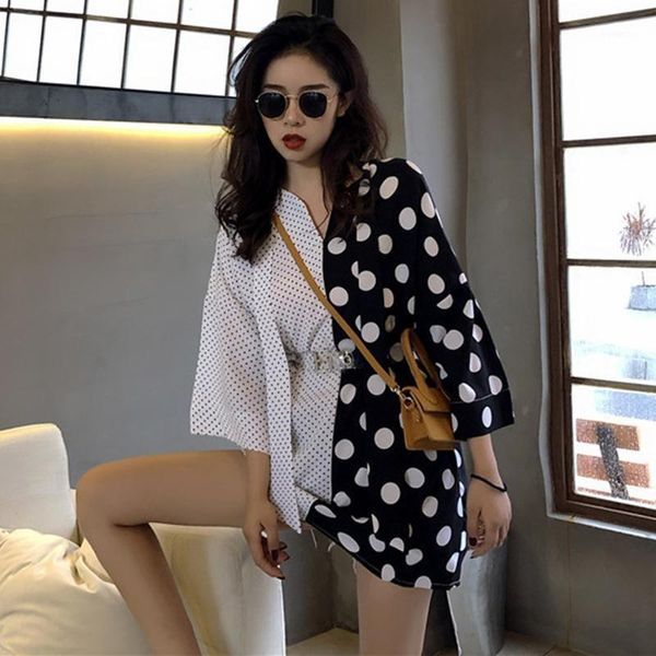 

2020 sweet sash polka dot long blouse shirt v-neck three quarter sleeves women blouse summer autumn patchwork dot print shirts1, White