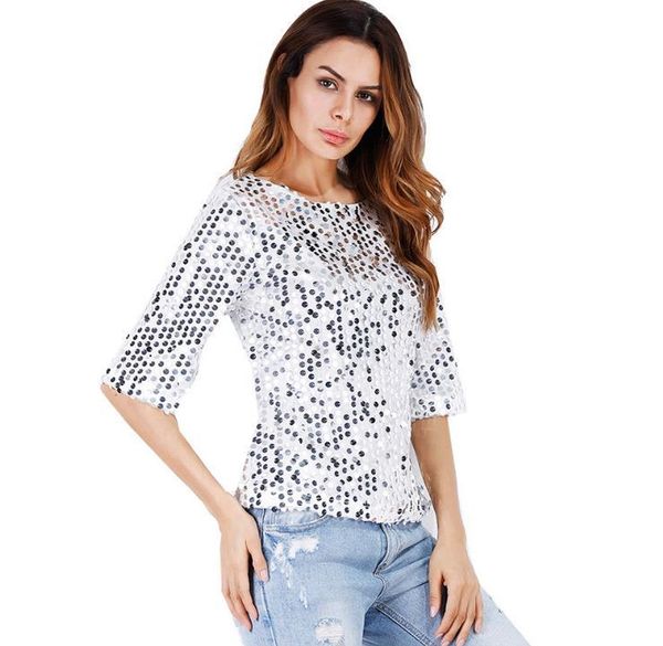 

2021 new summer white sequin t-shirt gorgeous tshirt female women tees clothing party bling sequined t shirt h0i3
