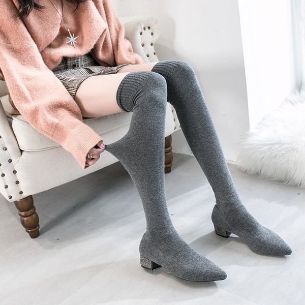 

spring autumn socks mujer rubber thick heels over the knee slip on pointed toe women high boots t200425, Black