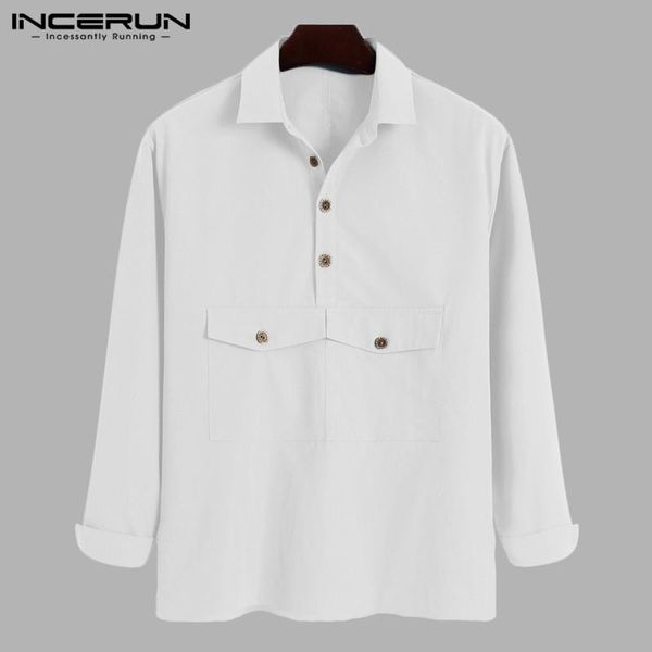 

men shirts long sleeve turn down collar chemise incerun vintage button up camisa man solid mult pockets blusas streetwear s-5xl, White;black