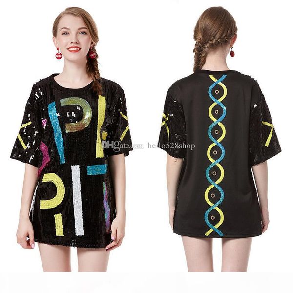 

сияющий блеск блестеет с короткими рукавами футболка женщин средняя длина свободных дам с блестетью топы клуба хип-хоп улица танцевальная од, White