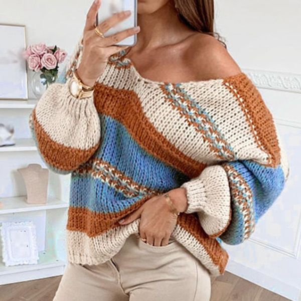 

women ladies female fashion long sleeve v-neck color block knit pullover sweaters neck patchwork casual mujer d1#, White;black