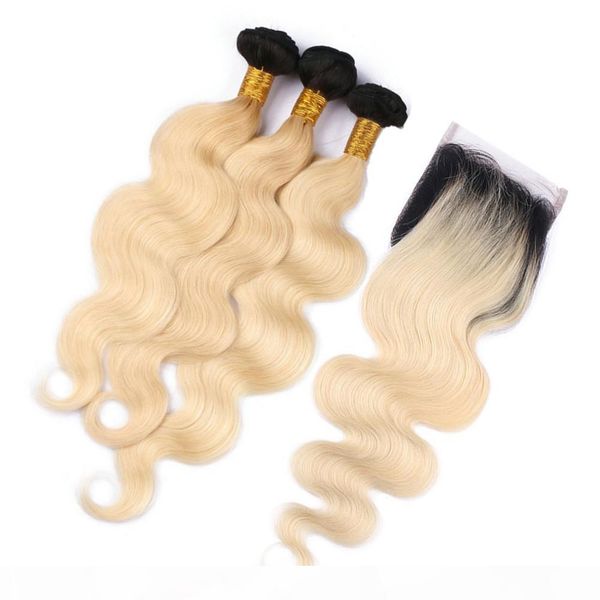 

#1b 613 blonde ombre body wave peruvian hair bundles with closure wavy human hair ombre blonde weave wefts with 4x4 lace closure piece, Black;brown