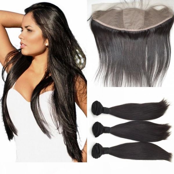 

human hair bundles with silk frontal closure straight hair part silk base ear to ear lace frontals with bundles, Black