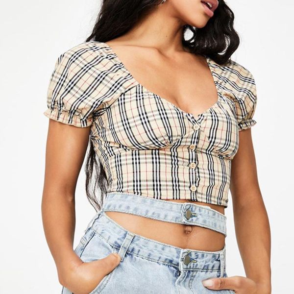 

2020 european and american girls vintage plaid bubble sleeves slimming short shirt women's v-neck shirt short sleeves, White