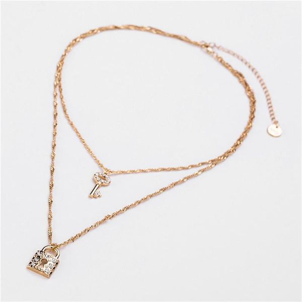 

fashion gold color crystal lock keys pendant necklace for women multi layered long chain charm necklace girls valentines jewelry1, Silver