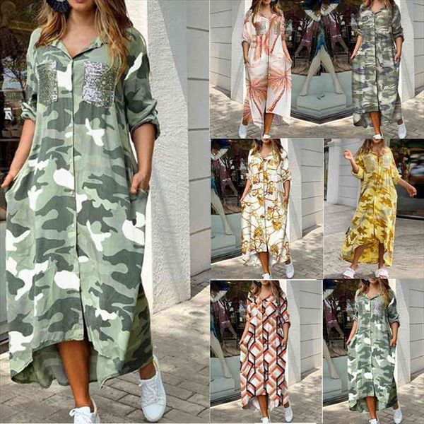 

women spring autumn shirt dress multi colors casual long sleeve print oversize pockets long dress office, Black;gray
