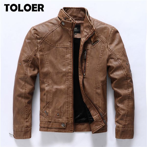 

fashion winter leather jacket men stand collar motorcycle washed retro velour leather jacket european size mens coats punk style 201120, Black