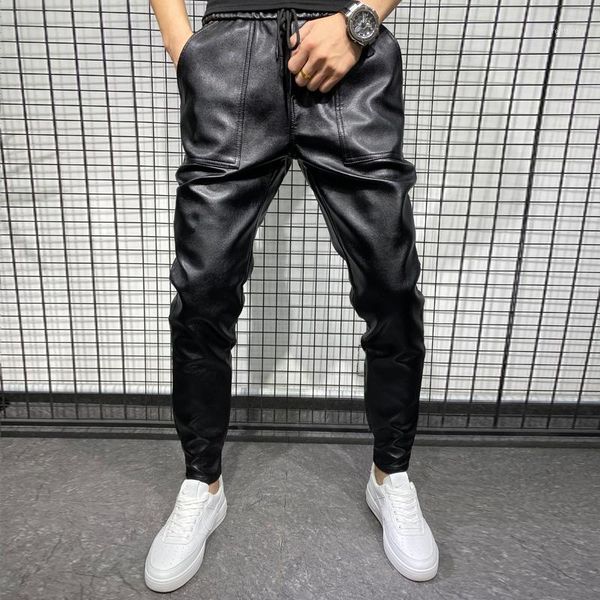 

new arrivals winter thick warm pu leather pants men clothes 2021 simple big pocket windproof casual trousers black plus size 401