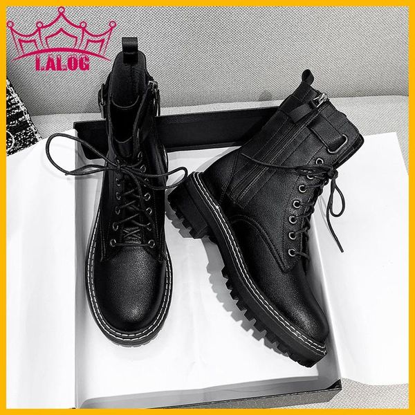 

boots female 2021 genuine leather women booties lace up white black winter plush shoes platform motorcycle short