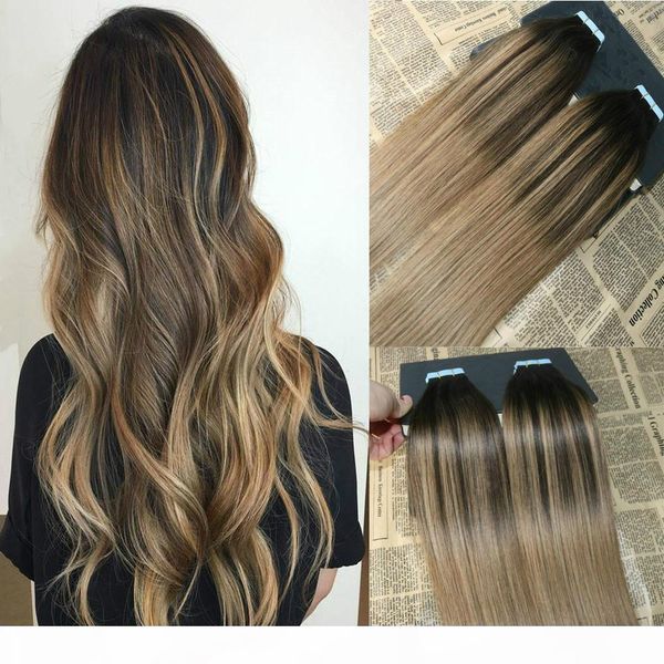 

ombre color #2 dark brown fading to #6 balayage skin weft human hair extensions tape in extensons slik straight 40pcs tape on smooth hair, Black