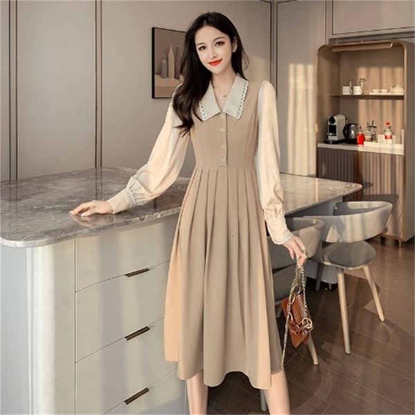 

2021 new spring and autumn lapel close-fitting solid color simple temperament high waist sewing dress lace edge iowg, Black;gray