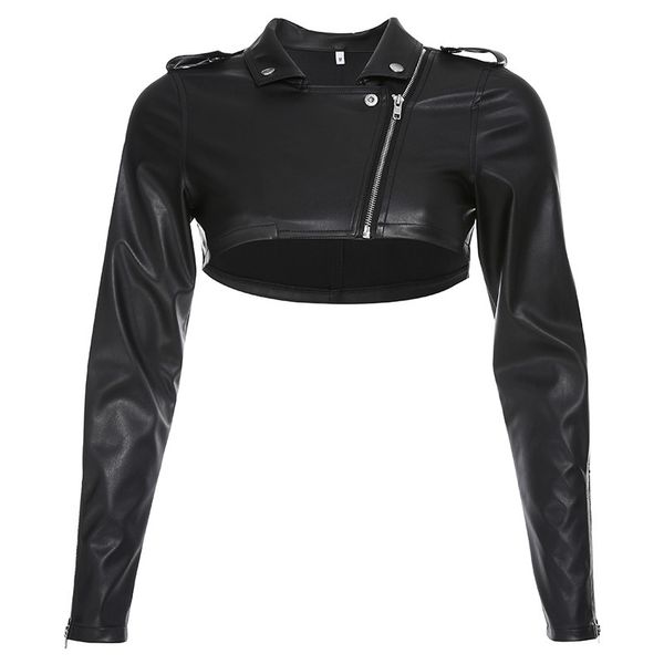 

leather jacket women summer spring pu faux crop coat turn down collar solid coat asymmetric zipper button long sleeve clothing 201030, Black