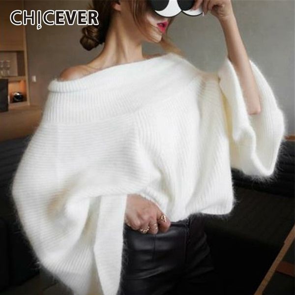 

chicever autumn winter knitted sweater pullovers female slash neck flare sleeve off shoulder sweaters fashion tide 201017, White;black