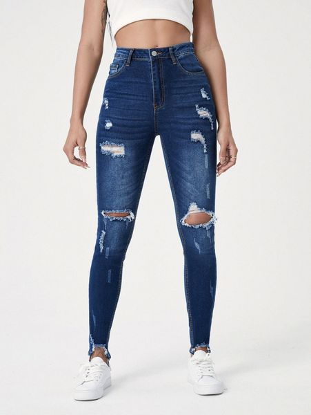 

high waist ripped raw hem skinny jeans e89e#, Blue