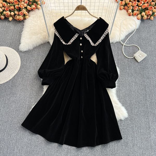 

new autumn vintage solid button full lady dress a line v neck puff sleeve women dresses 2022, Black;gray