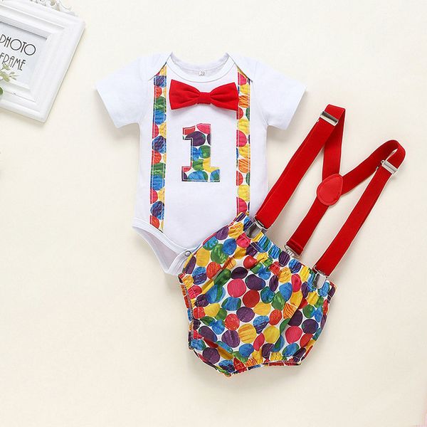 

infant newborn baby boy girl two pieces clothes set kids short sleeve bow tie one-year-old birthday belt pants outfit bbay's set t20070, White