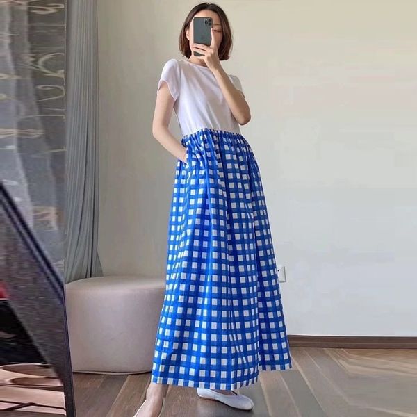 

xxdkh и летом новый свежий и модный тонкий круглый сплайсинга шею синий платье we2020 белый плед короткий рукав длиной платье средней для же, Black;gray