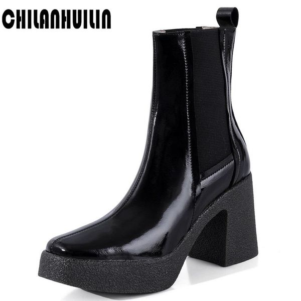

boots brand classic autumn winter sock elastic patent leather shoes woman's ankle high heels black beige platform