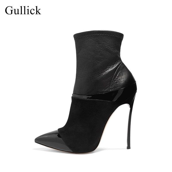 

gullick est pointed toe high heel boots 12cm/10cm thin heels woman ankle boot leather boots motorcycle boot big size 11, Black