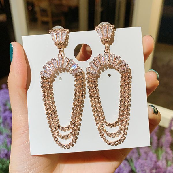 

fashion 925 silver needle zircon european and american fashion exaggerated diamond u-shaped earrings temperament long tassel earrings online, Golden
