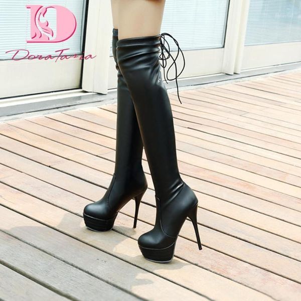 

boots doratasia plus size 33-46 fashion lady platform thigh high lace up thin heels women party shoes woman1, Black