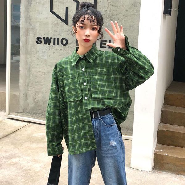 

shirts women turn-down collar plaid retro simple all-match korean style trendy shirt womens soft pockets single breasted 1, White