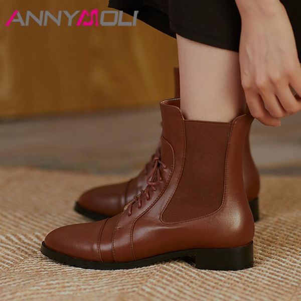 

annymoli natural genuine leather ankle boots low heel woman boots thick heel short lace up ladies shoes autumn winter 46, Black