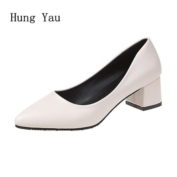 

women pumps high heels shoes casual shallow pointed toe thick heels solid walking 2019 spring fashion slip on work comfortable c0202, Black