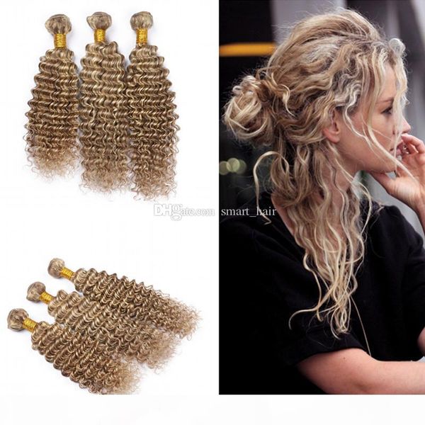 

new arrival #8 #613 ombre deep wave human hair 3 bundles brown and blonde mix piano color deep curly hair extensions 10-30 inch, Black