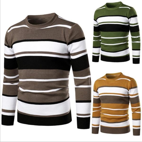 

european and american men's casual striped round neck pullover sweater, White;black