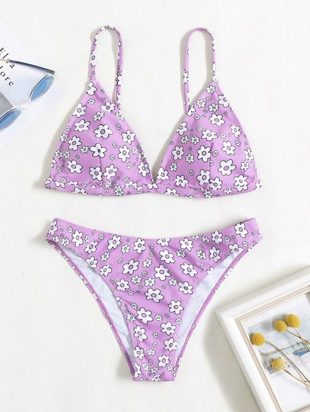

floral print triangle bikini swimsuit a5or#, White;black