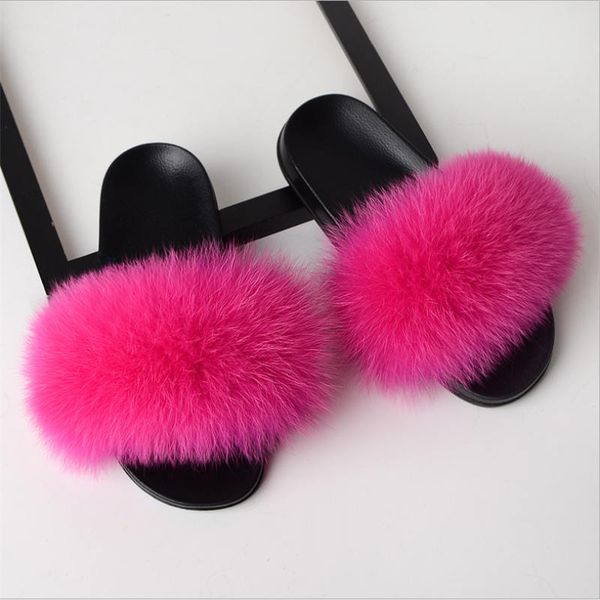 

super fluffy fox fur slides real fox fur slippers pink fuzzy sandals flat sole open toe cute shoes for lady 2020 spring x1020, Black